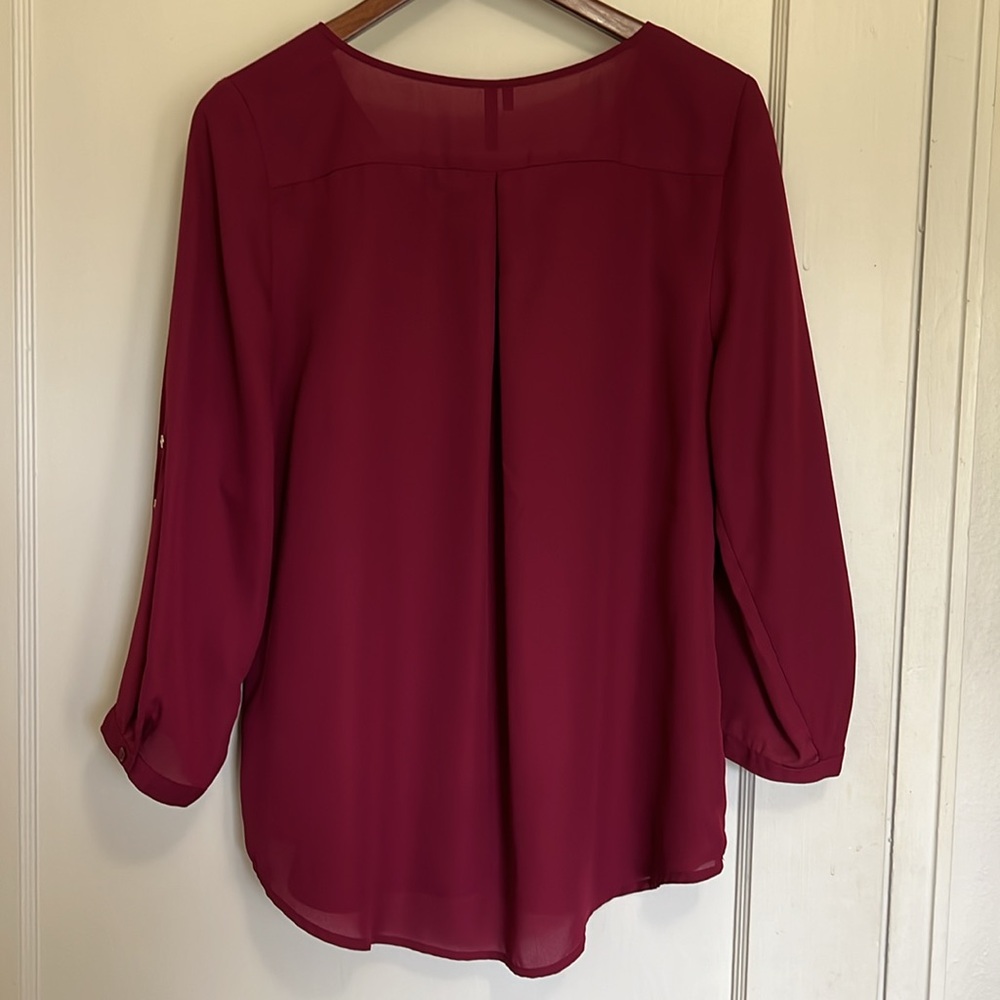 Maurices Women’s Large Burgundy Semi sheer Bouse with 3/4 sleeves - Picture 3 of 5